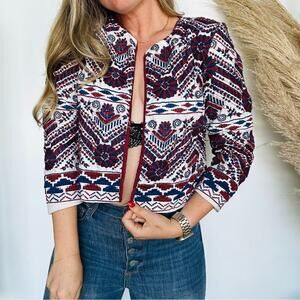 ANTHROPOLOGIE Blue Red White Greenwich Embroidered Print Open Cropped Jacket S